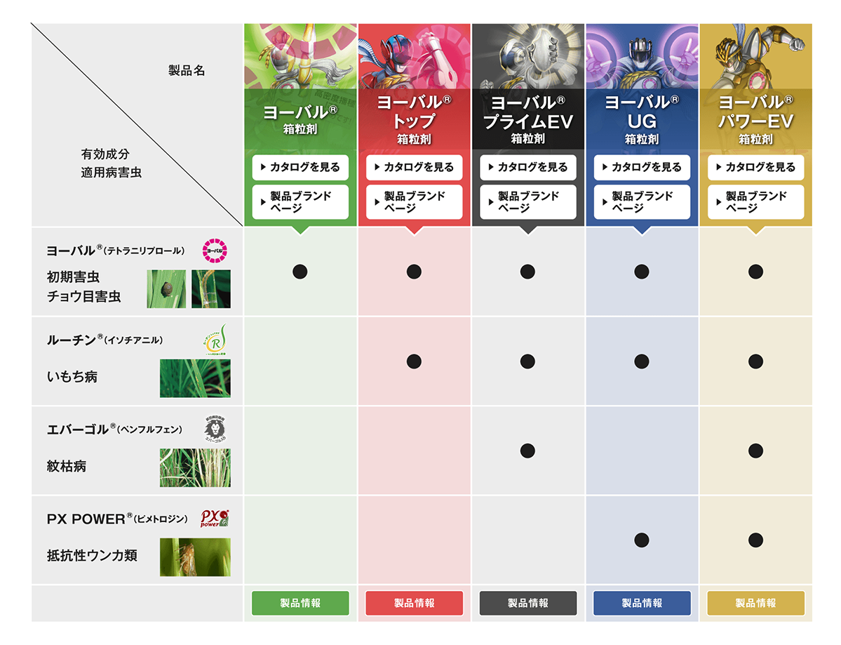 ヨーバルシリーズ5つの製品ラインナップの表